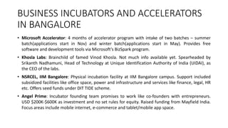BUSINESS INCUBATORS AND ACCELERATORS 
IN BANGALORE 
• Microsoft Accelerator: 4 months of accelerator program with intake of two batches – summer 
batch(applications start in Nov) and winter batch(applications start in May). Provides free 
software and development tools via Microsoft’s BizSpark program. 
• Khosla Labs: Brainchild of famed Vinod Khosla. Not much info available yet. Spearheaded by 
Srikanth Nadhamuni, Head of Technology at Unique Identification Authority of India (UIDAI), as 
the CEO of the labs. 
• NSRCEL, IIM Bangalore: Physical incubation facility at IIM Bangalore campus. Support included 
subsidized facilities like office space, power and infrastructure and services like finance, legal, HR 
etc. Offers seed funds under DIT TIDE scheme. 
• Angel Prime: Incubator founding team promises to work like co-founders with entrepreneurs. 
USD $200K-$600K as investment and no set rules for equity. Raised funding from Mayfield India. 
Focus areas include mobile internet, e-commerce and tablet/mobile app space. 
 