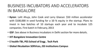 BUSINESS INCUBATORS AND ACCELERATORS 
IN BANGALORE 
• Kyron: Lalit Ahuja, John Cook and Larry Glaeser. $50 million accelerator 
with $100,000 in seed funding for a 10 % equity in the startup. Plans to 
invest in two batches of 10 startups each year and to incubate 125 
companies. First batch in February, 2013 
• GSF: See above in Business incubators in Delhi section for more details. 
• IIIT-Bangalore Innovation Centre 
• E health-TBI, PES School of Engg . Tech Park 
• Global INcubation SERVices, JSS Institutions Campus 
 