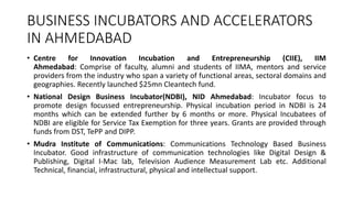 BUSINESS INCUBATORS AND ACCELERATORS 
IN AHMEDABAD 
• Centre for Innovation Incubation and Entrepreneurship (CIIE), IIM 
Ahmedabad: Comprise of faculty, alumni and students of IIMA, mentors and service 
providers from the industry who span a variety of functional areas, sectoral domains and 
geographies. Recently launched $25mn Cleantech fund. 
• National Design Business Incubator(NDBI), NID Ahmedabad: Incubator focus to 
promote design focussed entrepreneurship. Physical incubation period in NDBI is 24 
months which can be extended further by 6 months or more. Physical Incubatees of 
NDBI are eligible for Service Tax Exemption for three years. Grants are provided through 
funds from DST, TePP and DIPP. 
• Mudra Institute of Communications: Communications Technology Based Business 
Incubator. Good infrastructure of communication technologies like Digital Design & 
Publishing, Digital I-Mac lab, Television Audience Measurement Lab etc. Additional 
Technical, financial, infrastructural, physical and intellectual support. 
 