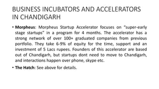 BUSINESS INCUBATORS AND ACCELERATORS 
IN CHANDIGARH 
• Morpheus: Morpheus Startup Accelerator focuses on “super-early 
stage startups” in a program for 4 months. The accelerator has a 
strong network of over 100+ graduated companies from previous 
portfolio. They take 6-9% of equity for the time, support and an 
investment of 5 Lacs rupees. Founders of this accelerator are based 
out of Chandigarh, but startups dont need to move to Chandigarh, 
and interactions happen over phone, skype etc. 
• The Hatch: See above for details. 
 