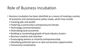 Role of Business Incubation 
• Business incubation has been identified as a means of meeting a variety 
of economic and so...