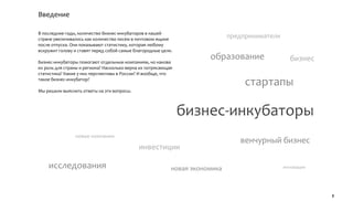Введение

В последние годы, количество бизнес-инкубаторов в нашей
стране увеличивалось как количество писем в почтовом ящике
                                                                             предприниматели
после отпуска. Они показывают статистику, которая любому
вскружит голову и ставят перед собой самые благородные цели.

Бизнес-инкубаторы помогают отдельным компаниям, но какова
                                                                      образование                бизнес
их роль для страны и региона? Насколько верна их потрясающая
статистика? Какие у них перспективы в России? И вообще, что
такое бизнес-инкубатор?
                                                                                  стартапы
Мы решили выяснить ответы на эти вопросы.



                                                               бизнес-инкубаторы
                новые компании
                                                                                венчурный бизнес
                                             инвестиции

    исследования                                           новая экономика                     инновации




                                                                                                           3
 