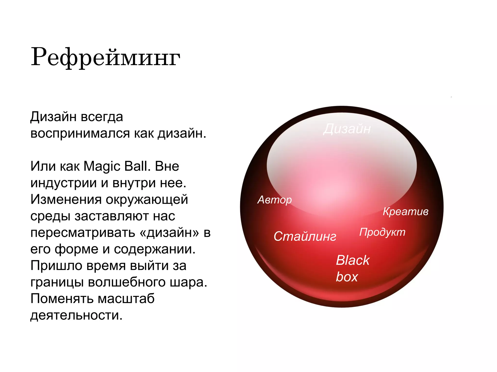 Продукт Black box Стайлинг Автор Креатив Дизайн всегда воспринимался как дизайн.  Или как  Magic Ball . Вне индустрии и внутри нее.  Изменения окружающей среды заставляют нас пересматривать «дизайн» в его форме и содержании. Пришло время выйти за границы волшебного шара. Поменять масштаб деятельности. Рефрейминг Дизайн 