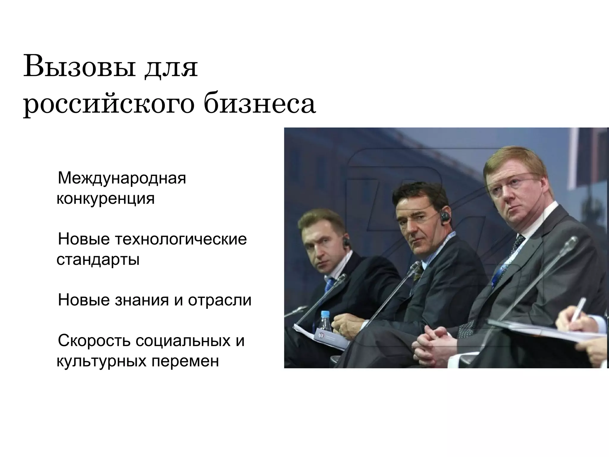 Вызовы для  российского бизнеса  Международная конкуренция Новые технологические стандарты Новые знания и отрасли Скорость социальных и культурных перемен 