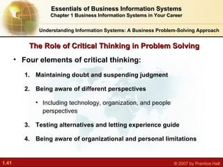 Understanding Information Systems: A Business Problem-Solving Approach <ul><li>Four elements of critical thinking: </li></...