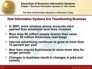 The Role of Information Systems in Business Today <ul><li>In 2007, more wireless phone accounts were opened than telephone...