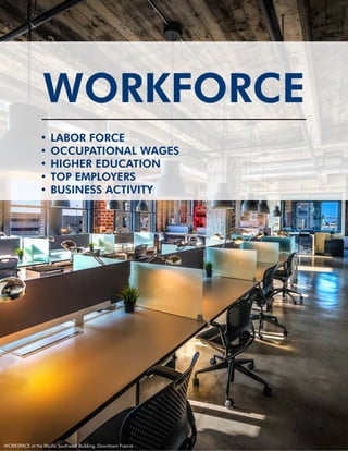 10
WORKSPACE at the Pacific Southwest Building, Downtown Fresno
WORKFORCE
•	LABOR FORCE
•	OCCUPATIONAL WAGES
•	HIGHER EDUC...