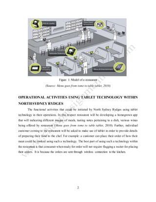2
Figure 1: Model of e-restaurant
(Source: Menu goes from tome to table tablet, 2010)
OPERATIONAL ACTIVITIES USING TABLET TECHNOLOGY WITHIN
NORTHSYDNEY RYDGES
The functional activities that could be initiated by North Sydney Rydges using tablet
technology in their operations. In this respect restaurant will be developing a homegrown app
that will indicating different images of meals, tasting notes pertaining to a dish, various wines
being offered by restaurant (Menu goes from tome to table tablet, 2010). Further, individual
customer coming to the restaurant will be asked to make use of tablet in order to provide details
of preparing their food to the chef. For example: a customer can place their order of how their
meat could be cooked using such a technology. The best part of using such a technology within
the restaurant is that consumer when ready for order will not require flagging a waiter for placing
their orders. It is because the orders are sent through wireless connection to the kitchen.
 