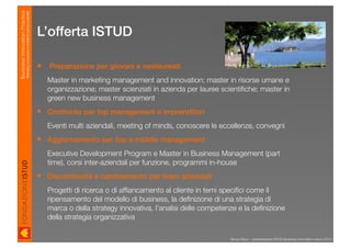 Business Innovation Practice
                           Marketing, innovazione e modelli di business sostenibili

                                                                                      L’offerta ISTUD

                                                                                         Preparazione per giovani e neolaureati
                                                                                          Master in marketing management and innovation; master in risorse umane e
                                                                                          organizzazione; master scienziati in azienda per lauree scientiﬁche; master in
                                                                                          green new business management
                                                                                       Confronto per top management e imprenditori
                                                                                          Eventi multi aziendali, meeting of minds, conoscere le eccellenze, convegni
                                                                                       Aggiornamento per top e middle management
                                                                                          Executive Development Program e Master in Business Management (part
                                                                                          time), corsi inter-aziendali per funzione, programmi in-house
                                                                                       Discontinuità e cambiamento per team aziendali
                                                                                          Progetti di ricerca o di afﬁancamento al cliente in temi speciﬁci come il
                                                                                          ripensamento del modello di business, la deﬁnizione di una strategia di
                                                                                          marca o della strategy innovativa, l’analisi delle competenze e la deﬁnizione
                                                                                          della strategia organizzativa

                                                                                                                                                     Renzo Rizzo - presentazione ISTUD Business Innovation marzo 2010
 