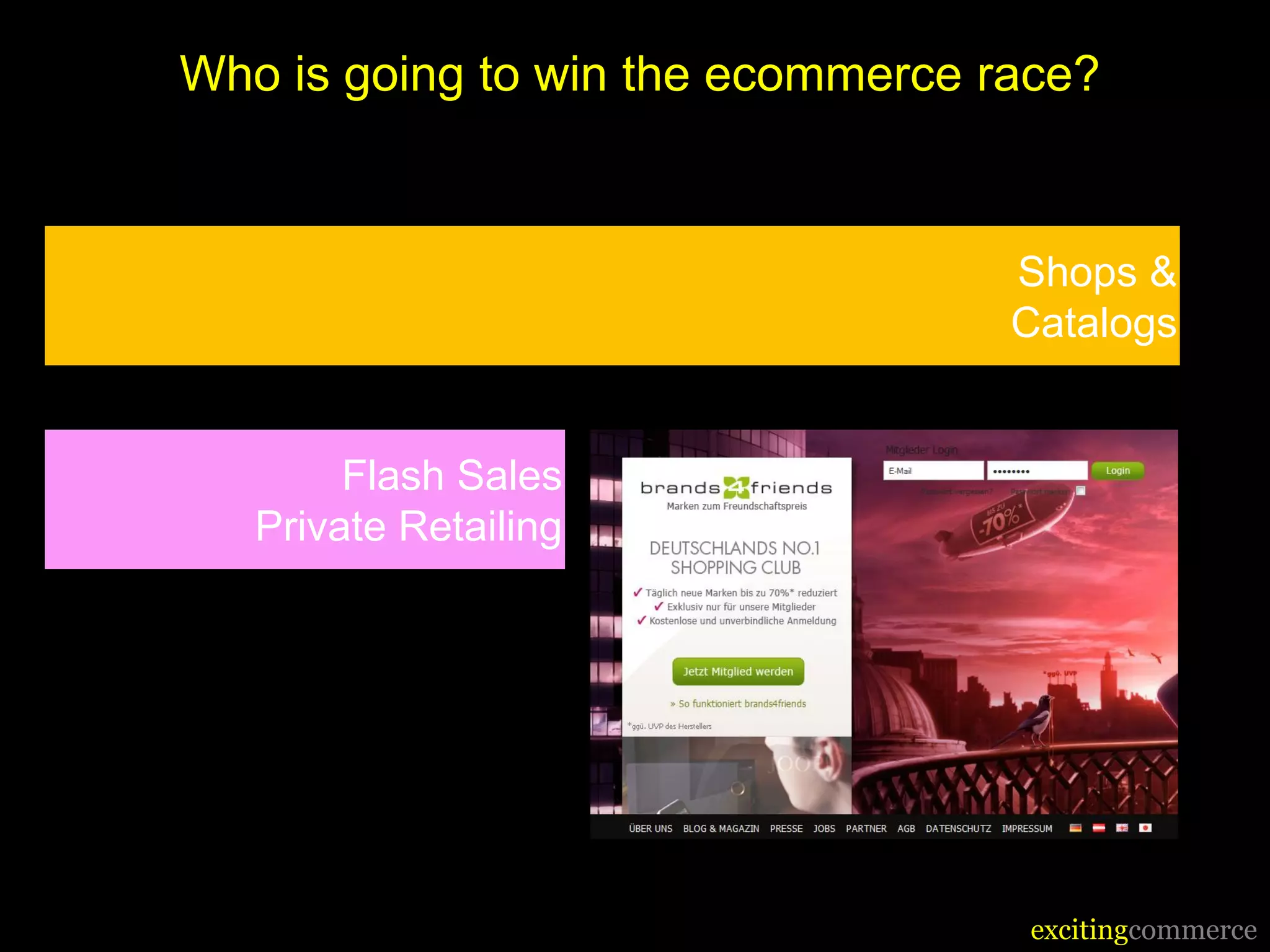 Who is going to win the ecommerce race?


                                   Shops &
                                   Catalogs


        Flash Sales
   Private Retailing




                                    excitingcommerce
 