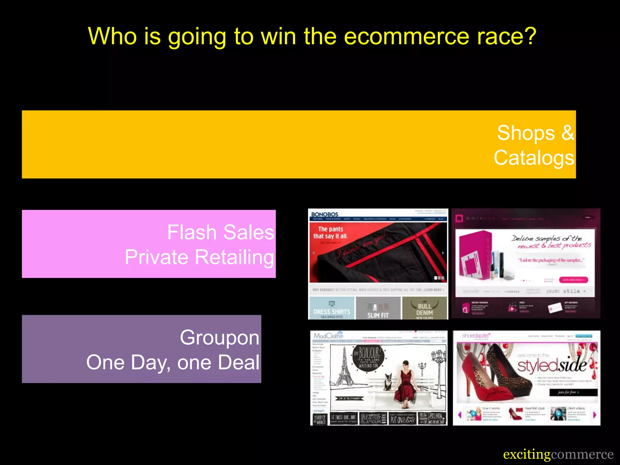Who is going to win the ecommerce race?


                                   Shops &
                                   Catalogs


        Flash Sales
   Private Retailing


         Groupon
One Day, one Deal



                                    excitingcommerce
 