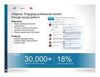 FINANCIAL




Citigroup: Engaging professional women
through social platform
Objectives
•     Reach professional women
      unique forum
•     Provide content to strengthen
      women’s financial futures
•     Elevate awareness of Citi brand

Products
§  LinkedIn Managed Group
§  LinkedIn Today special edition
§  LinkedIn Polls




     Results


                           30,000+ 18%
                           members in the first 3 months   week-over-week growth



LinkedIn ©2013 All Rights Reserved                                                 MARKETING.LINKEDIN.COM 1
                                                                                     MARKETING.LINKEDIN.COM
 