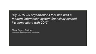Mark Beyer, Gartner
(Information Management in the 21st Century)
”By 2015 will organizations that has built a
modern information system financially exceed
it’s competitors with 20%"
 