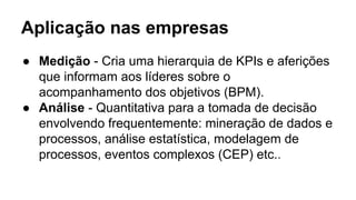 Aplicação nas empresas
● Medição - Cria uma hierarquia de KPIs e aferições
que informam aos líderes sobre o
acompanhamento dos objetivos (BPM).
● Análise - Quantitativa para a tomada de decisão
envolvendo frequentemente: mineração de dados e
processos, análise estatística, modelagem de
processos, eventos complexos (CEP) etc..
 