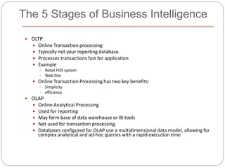 The 5 Stages of Business Intelligence
 OLTP
 Online Transaction processing
 Typically not your reporting database.
 Processes transactions fast for application
 Example
 Retail POS system
 Web Site
 Online Transaction Processing has two key benefits:
 Simplicity
 efficiency
 OLAP
 Online Analytical Processing
 Used for reporting
 May form base of data warehouse or BI tools
 Not used for transaction processing.
 Databases configured for OLAP use a multidimensional data model, allowing for
complex analytical and ad-hoc queries with a rapid execution time
 
