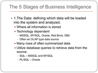 4 Types of UsersExecutives : Information is summarized and has been defined for them. Users have the ability to view static information online and/or print to a local printer.Casual UsersCasual users require the next level of detail from the information that is provided to viewers. In addition to the privileges of a viewer, casual users have the ability to refresh report information and the ability to enter desired information parameters for the purposes of performing high-level research and analysis.Functional UsersFunctional users need to perform detailed research and analysis, which requires access to transactional data. In addition to the privileges of a casual user, functional users have the ability to develop their own ad hoc queries and perform OLAP analysis.Super UsersSuper users have a strong understanding of both the business and technology to access and analyze transactional data. They have full privileges to explore and analyze the data with the BI applications available to them.Business Intelligence Users