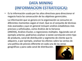 Data Mining(InformacionEstrategica):Es la información usada por los altos directivos para direccionar el negocio hacia las consecución de los objetivos gerenciales.	La información que se genera en la organización se consume en diferentes momentos según el nivel.Que es el conjunto de técnicas más avanzadas y que en general incluyen análisis estadísticos más precisos y sofisticados, como Análisis de la Varianza (ANOVA), Análisis Cluster, o regresiones múltiples. Siguiendo con el ejemplo anterior, podríamos analizar si existe correlación entre tipo de producto, canal de distribución y segmento de cliente que lo adquiere, o por ejemplo, analizar los efectos sobre las ventas de una política de precios diferente en cada una de las zonas geográficas y para cada canal de distribución. 