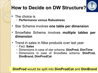 How to Decide on DW Structure? The choice is  Performance versus Robustness  Star Schema involves  one table per dimension Snowflake Schema involves  multiple tables per dimension Trend in sales in Nike products over last year Fact:  Sales Dimensions in case of star schema:  DimProd, DimTime Dimensions in case of Snowflake schema:  DimProd, DimBrand, DimProdCat DimProd  would be split into  DimProdCat  and  DimBrand 