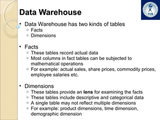 Data Warehouse Data Warehouse has two kinds of tables Facts Dimensions Facts These tables record actual data Most columns in fact tables can be subjected to mathematical operations For example: actual sales, share prices, commodity prices, employee salaries etc.  Dimensions  These tables provide an  lens  for examining the facts These tables include descriptive and categorical data A single table may not reflect multiple dimensions For example: product dimensions, time dimension, demographic dimension 
