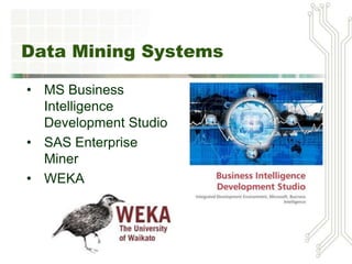 Data Mining Systems
• MS Business
Intelligence
Development Studio
• SAS Enterprise
Miner
• WEKA
 