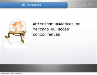 BI	
  -­‐	
  Vantagens
ü Antecipar mudanças no
mercado ou ações
concorrentes
quinta-feira, 13 de junho de 13
 