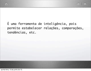 É uma ferramenta de inteligência, pois
permite estabelecer relações, comparações,
tendências, etc.
quinta-feira, 13 de junho de 13
 