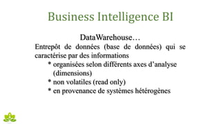 Business Intelligence BI
DataWarehouse…
Entrepôt de données (base de données) qui se
caractérise par des informations
* organisées selon différents axes d’analyse
(dimensions)
* non volatiles (read only)
* en provenance de systèmes hétérogènes
 