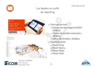 Outils decisionnelOutils decisionnel
Shubham SHARMAShubham SHARMA
Kévin GomesKévin Gomes
Maximilien AcierMaximilien Acier
Trois type de tarif:
Entreprises de catégorie E3/E5 :
240$/an
Option de manière autonome :
480$/an
Ofﬁce 365 ProPlus : 624$/an
​Quatre produits
​Power Pivot
Power Query
​Power Maps
Power View
Les leaders en outilsLes leaders en outils
de reportingde reporting
5050
 