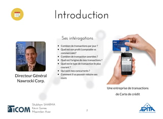 IntroductionIntroduction
Shubham SHARMAShubham SHARMA
Kévin GomesKévin Gomes
Maximilien AcierMaximilien Acier
Directeur Général
Nawrocki Corp.
Une entreprise de transactions
de Carte de crédit
Ses intérogationsSes intérogations
Combien de transactions par jour ?
Quel est son proﬁt (comptable vs
commerciale)?
Combien de transaction avortées ?
Quel est l'origine de mes transactions ?
Quel est le type de transaction le plus
courant ?
​Qui sont mes concurrents ?
Comment il va pouvoir réduire ses
couts
77
 