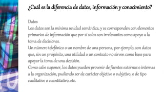 ¿Cuál es la diferencia de datos, información y conocimiento?
Datos
Los datos son la mínima unidad semántica, y se corresponden con elementos
primarios de información que por sí solos son irrelevantes como apoyoa la
toma de decisiones.
Un número telefónico o un nombre de una persona, por ejemplo, son datos
que, sin un propósito, una utilidado un contextono sirven como base para
apoyar la toma de una decisión.
Como cabe suponer, los datos pueden provenir de fuentes externas o internas
a la organización, pudiendo ser de carácterobjetivo o subjetivo, o de tipo
cualitativo o cuantitativo, etc.
 