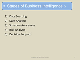 1) Data Sourcing
2) Data Analysis
3) Situation Awareness
4) Risk Analysis
5) Decision Support
 Stages of Business Intelligence :-
Prepared by - Mr. Omkar Tembe 8
 