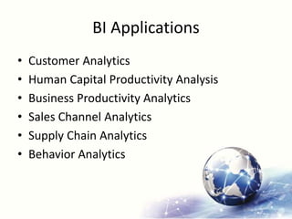BI Applications
• Customer Analytics
• Human Capital Productivity Analysis
• Business Productivity Analytics
• Sales Channel Analytics
• Supply Chain Analytics
• Behavior Analytics
 