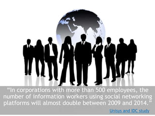 “In corporations with more than 500 employees, the number of information workers using social networking platforms will almost double between 2009 and 2014.”Unisys and IDC study