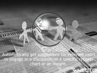 Automatically get suggestions for relevant users to engage in a discussion on a specific report, chart or an insight.