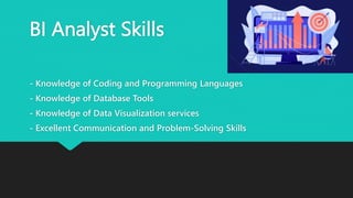 BI Analyst Skills
- Knowledge of Coding and Programming Languages
- Knowledge of Database Tools
- Knowledge of Data Visualization services
- Excellent Communication and Problem-Solving Skills
 