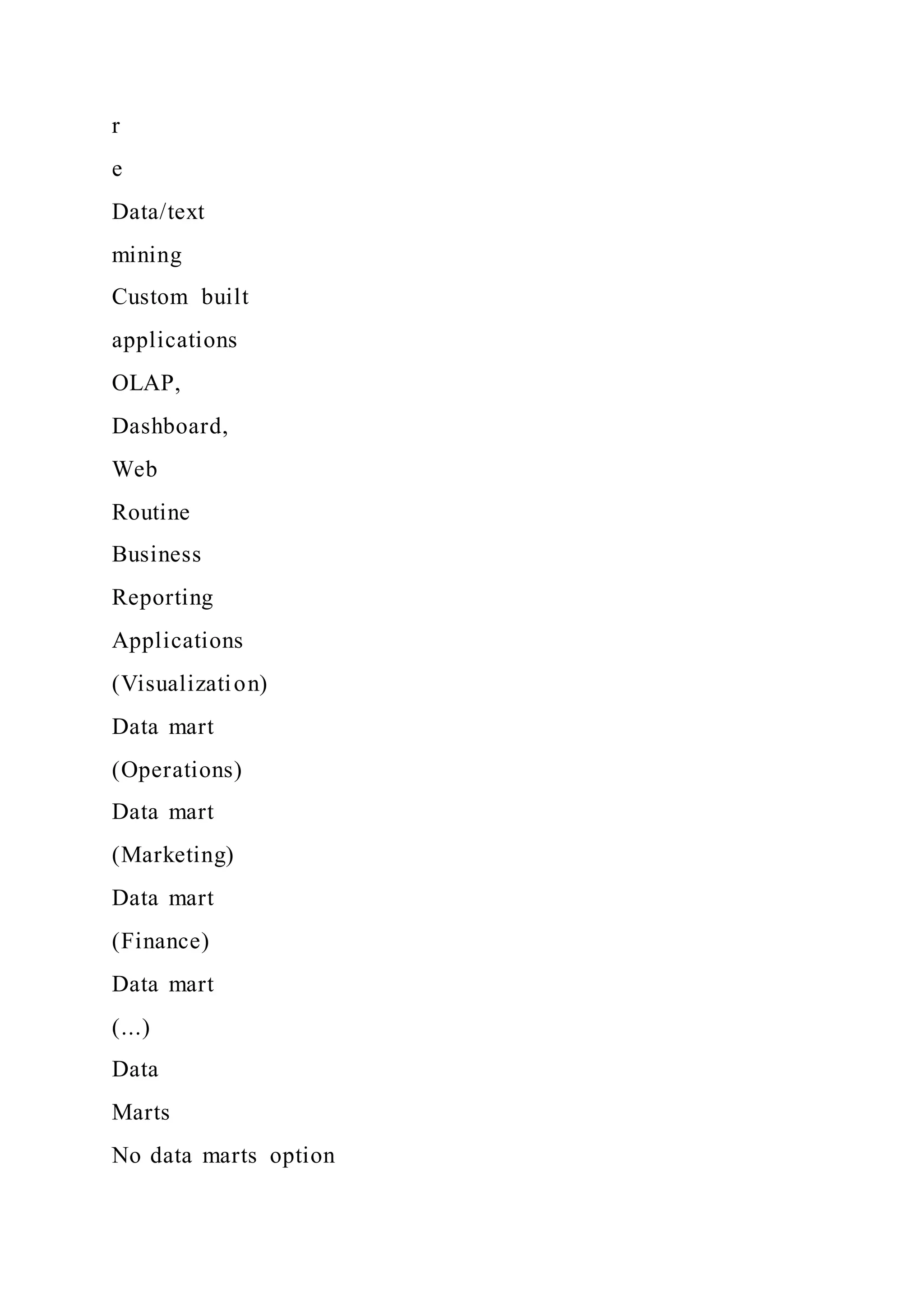 r
e
Data/text
mining
Custom built
applications
OLAP,
Dashboard,
Web
Routine
Business
Reporting
Applications
(Visualization)
Data mart
(Operations)
Data mart
(Marketing)
Data mart
(Finance)
Data mart
(...)
Data
Marts
No data marts option
 