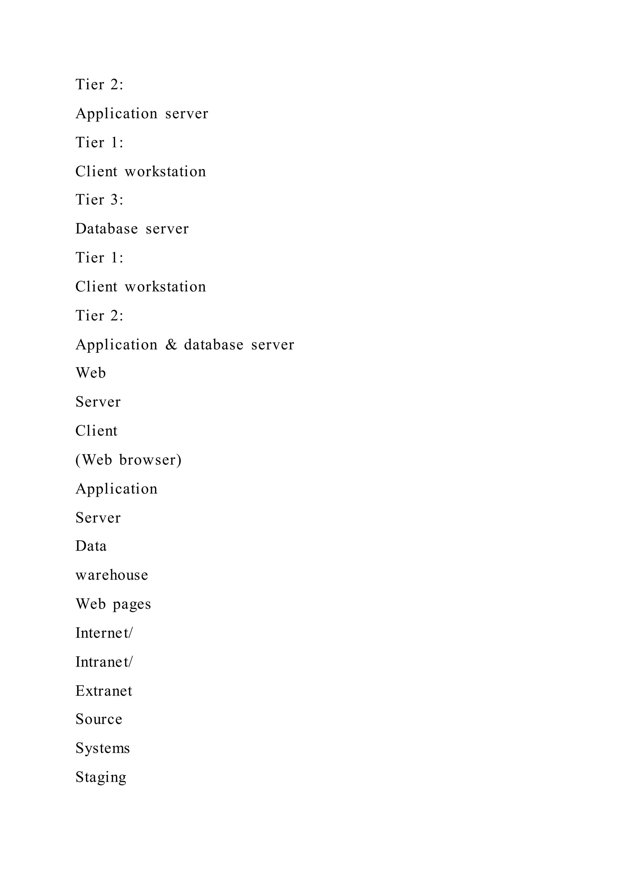 Tier 2:
Application server
Tier 1:
Client workstation
Tier 3:
Database server
Tier 1:
Client workstation
Tier 2:
Application & database server
Web
Server
Client
(Web browser)
Application
Server
Data
warehouse
Web pages
Internet/
Intranet/
Extranet
Source
Systems
Staging
 
