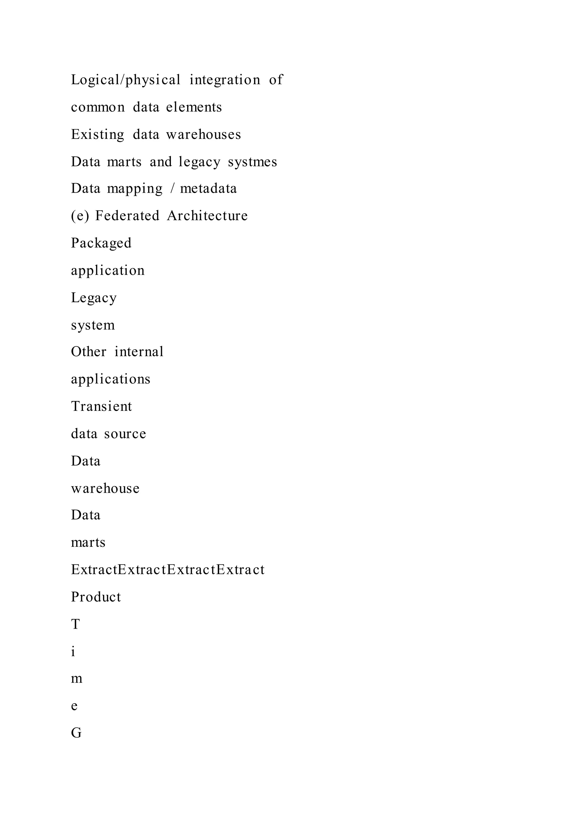 Logical/physical integration of
common data elements
Existing data warehouses
Data marts and legacy systmes
Data mapping / metadata
(e) Federated Architecture
Packaged
application
Legacy
system
Other internal
applications
Transient
data source
Data
warehouse
Data
marts
ExtractExtractExtractExtract
Product
T
i
m
e
G
 