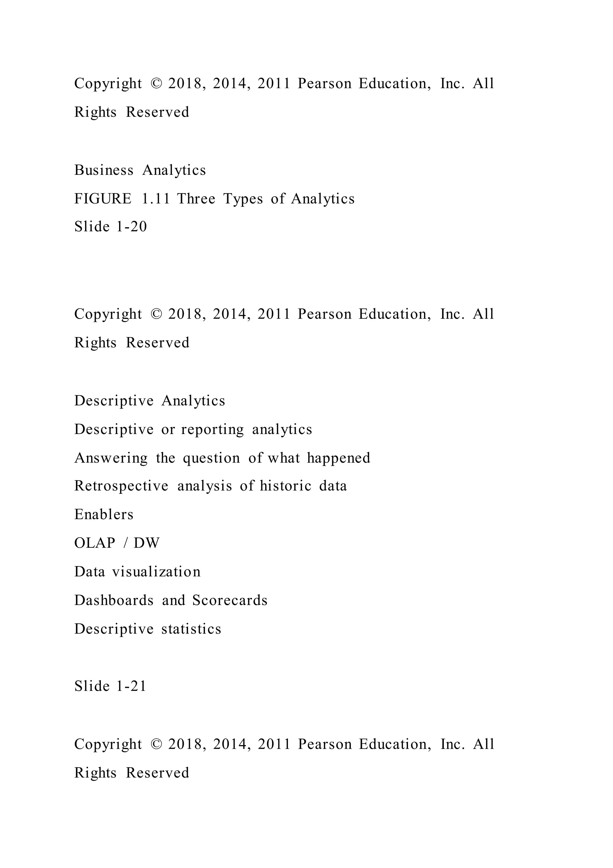 Copyright © 2018, 2014, 2011 Pearson Education, Inc. All
Rights Reserved
Business Analytics
FIGURE 1.11 Three Types of Analytics
Slide 1-20
Copyright © 2018, 2014, 2011 Pearson Education, Inc. All
Rights Reserved
Descriptive Analytics
Descriptive or reporting analytics
Answering the question of what happened
Retrospective analysis of historic data
Enablers
OLAP / DW
Data visualization
Dashboards and Scorecards
Descriptive statistics
Slide 1-21
Copyright © 2018, 2014, 2011 Pearson Education, Inc. All
Rights Reserved
 