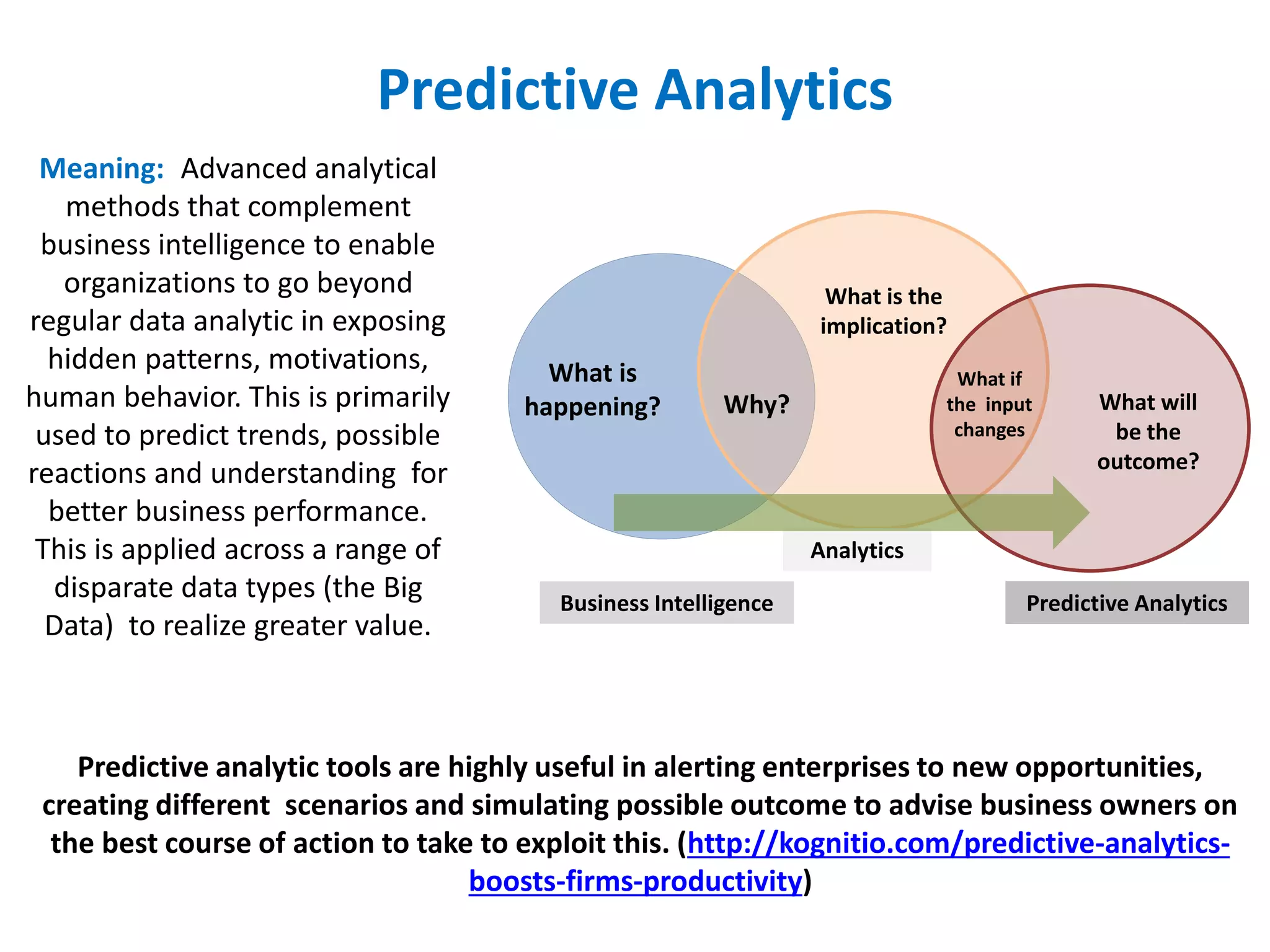Predictive Analytics
Meaning: Advanced analytical
methods that complement
business intelligence to enable
organizations to go beyond
regular data analytic in exposing
hidden patterns, motivations,
human behavior. This is primarily
used to predict trends, possible
reactions and understanding for
better business performance.
This is applied across a range of
disparate data types (the Big
Data) to realize greater value.
Why?
What is
happening?
Business Intelligence
Analytics
Predictive Analytics
What if
the input
changes
What is the
implication?
What will
be the
outcome?
Predictive analytic tools are highly useful in alerting enterprises to new opportunities,
creating different scenarios and simulating possible outcome to advise business owners on
the best course of action to take to exploit this. (http://kognitio.com/predictive-analytics-
boosts-firms-productivity)
 