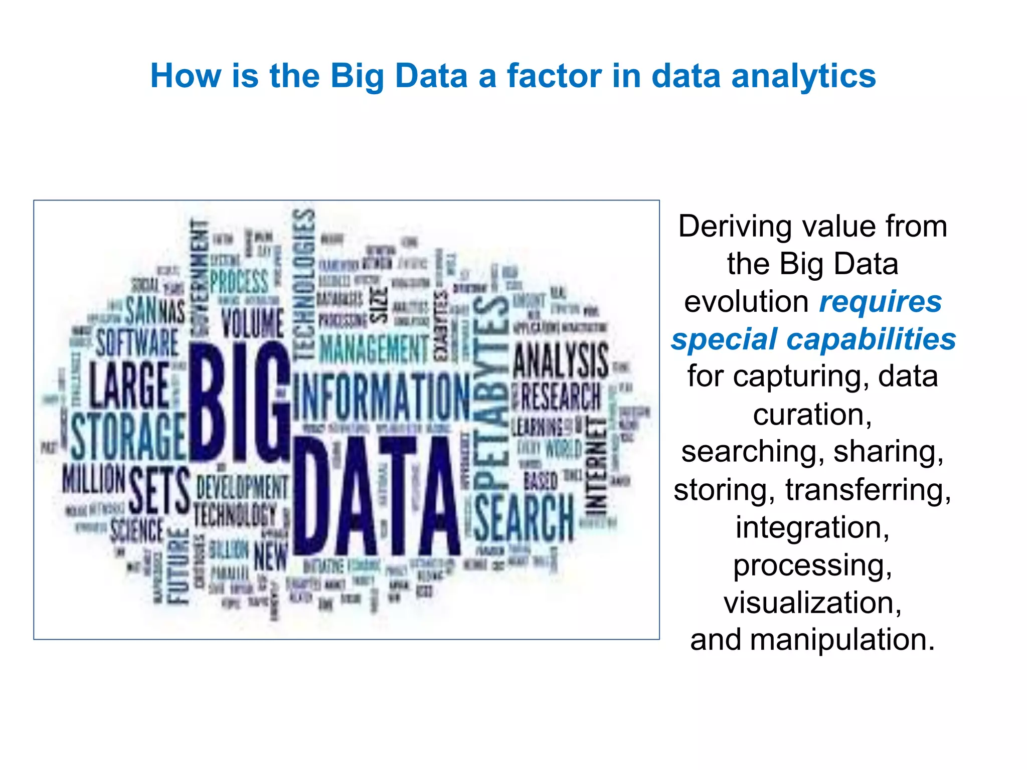 How is the Big Data a factor in data analytics
Deriving value from
the Big Data
evolution requires
special capabilities
for capturing, data
curation,
searching, sharing,
storing, transferring,
integration,
processing,
visualization,
and manipulation.
 