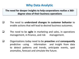 Why Data Analytic
 The need to understand changes in customer behavior to
enable actions that will lead to desired business outcomes.
 The need to be agile in marketing and sales, in operations
management, in finance, and risk management.
 Organizations today need to be proactive and consequently
predictive - using information and insight from data
to detect patterns and trends, anticipate events, spot
anomalies, forecast and simulate the future.
The need for deeper insights to help corporations realize a 360-
degree view of their business operations
 