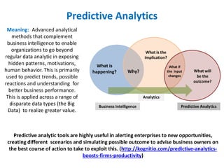 Predictive Analytics
Meaning: Advanced analytical
methods that complement
business intelligence to enable
organizations to go beyond
regular data analytic in exposing
hidden patterns, motivations,
human behavior. This is primarily
used to predict trends, possible
reactions and understanding for
better business performance.
This is applied across a range of
disparate data types (the Big
Data) to realize greater value.
Why?
What is
happening?
Business Intelligence
Analytics
Predictive Analytics
What if
the input
changes
What is the
implication?
What will
be the
outcome?
Predictive analytic tools are highly useful in alerting enterprises to new opportunities,
creating different scenarios and simulating possible outcome to advise business owners on
the best course of action to take to exploit this. (http://kognitio.com/predictive-analytics-
boosts-firms-productivity)
 