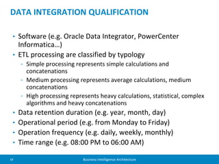 17 Business Intelligence Architecture
• Software (e.g. Oracle Data Integrator, PowerCenter
Informatica…)
• ETL processing are classified by typology
- Simple processing represents simple calculations and
concatenations
- Medium processing represents average calculations, medium
concatenations
- High processing represents heavy calculations, statistical, complex
algorithms and heavy concatenations
• Data retention duration (e.g. year, month, day)
• Operational period (e.g. from Monday to Friday)
• Operation frequency (e.g. daily, weekly, monthly)
• Time range (e.g. 08:00 PM to 06:00 AM)
DATA INTEGRATION QUALIFICATION
 