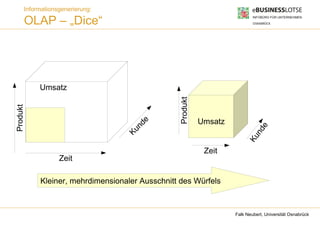 Informationsgenerierung:

      OLAP – „Dice“




           Umsatz




                                                Produkt
Produkt




                                       de                 Umsatz
                                     un




                                                                             e
                                                                           nd
                                    K




                                                                        Ku
                                                           Zeit
                  Zeit

           Kleiner, mehrdimensionaler Ausschnitt des Würfels



                                                                   Falk Neubert, Universität Osnabrück
 