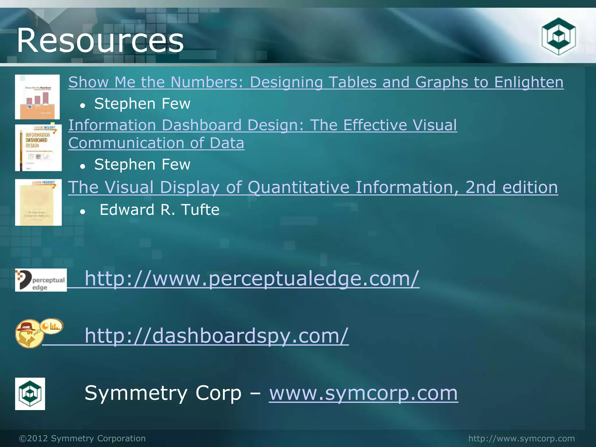Resources
      ▪ Show Me the Numbers: Designing Tables and Graphs to Enlighten
            ● Stephen Few
      ▪   Information Dashboard Design: The Effective Visual
          Communication of Data
            ● Stephen Few

      ▪ The Visual Display of Quantitative Information, 2nd edition
            ●   Edward R. Tufte



             http://www.perceptualedge.com/

             http://dashboardspy.com/

             Symmetry Corp – www.symcorp.com

©2012 Symmetry Corporation                                     http://www.symcorp.com
 