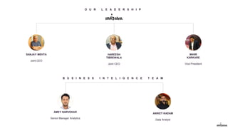 O U R L E A D E R S H I P
SANJAY MEHTA
Joint CEO
HAREESH
TIBREWALA
Joint CEO
MIHIR
KARKARE
Vice President
AMEY NARVEKAR
Senior Manager Analytics
ANIKET KADAM
Data Analyst
B U S I N E S S I N T E L I G E N C E T E A M
 