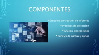 COMPONENTES
• Esquema de creación de informes
• Procesos de extracción
• Análisis incorporados
• Paneles de control y cubos
 