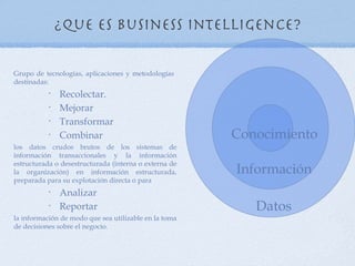 ¿Que es Business Intelligence?

Grupo de tecnologías, aplicaciones y metodologías
destinadas:
           •   Recolectar.
           •   Mejorar
           •   Transformar
           •   Combinar                                Conocimiento
los datos crudos brutos de los sistemas de
información transaccionales y la información
estructurada o desestructurada (interna o externa de
la organización) en información estructurada,          Información
preparada para su explotación directa o para
           •   Analizar
           •   Reportar                                   Datos
la información de modo que sea utilizable en la toma
de decisiones sobre el negocio.
 