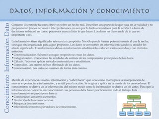 Datos, información y conocimiento
Conocimiento Información Dato

                                Conjunto discreto de factores objetivos sobre un hecho real. Describen una parte de lo que pasa en la realidad y no
                                proporcionan juicios de valor o interpretaciones, no son por lo tanto orientativos para la acción. La toma de
                                decisiones se basará en datos, pero estos nunca dirán lo que hacer. Los datos no dicen nada de lo que es
                                importante o no.

                                La información tiene significado, relevancia y propósito. No sólo puede formar potencialmente al que la recibe,
                                sino que esta organizada para algún propósito. Los datos se convierten en información cuando su creador les
                                añade significado. Transformamos datos en información añadiéndoles valor en varios sentidos y con distintos
                                métodos:
                                •Contextualización. Sabemos con que propósito se crean los datos.
                                •Categorización. Conocemos las unidades de análisis de los componentes principales de los datos.
                                •Cálculo. Podemos aplicar métodos matemáticos o estadísticos.
                                •Corrección. Los errores se han eliminado de los datos.
                                •Condensación. Los datos se resumen de forma más concisa.


                                Mezcla de experiencia, valores, información y “saber hacer” que sirve como marco para la incorporación de
                                nuevas experiencias e información, y es útil para la acción. Se origina y aplica en la mente de los conocedores. El
                                conocimiento se deriva de la información, del mismo modo como la información se deriva de los datos. Para que la
                                información se convierte en conocimiento, las personas debe hacer prácticamente todo el trabajo. Esta
                                transformación se produce en base a:
                                •Comparación con otros elementos.
                                •Predicción de las consecuencias.
                                •Búsqueda de conexiones.
                                •Intercambio con otros portadores de conocimiento.
 